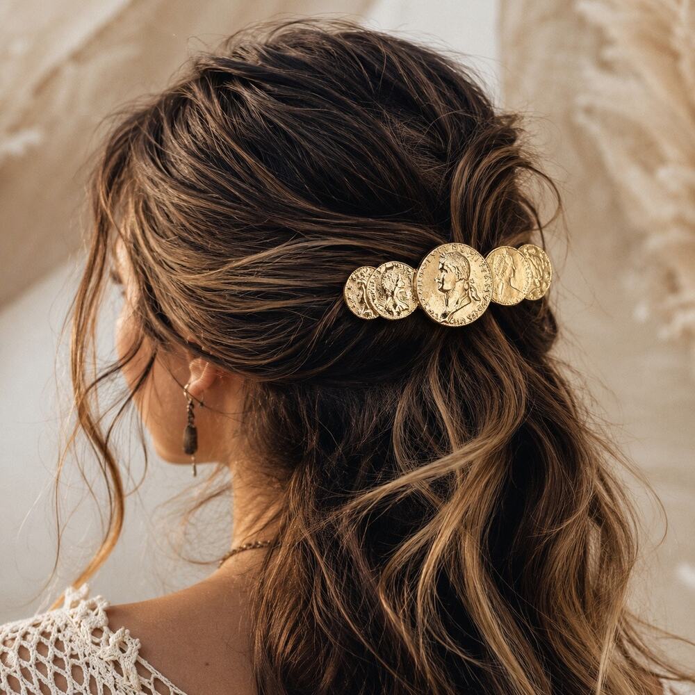 Vintage 90s Bohemian Roman Gold Coin Hair Barrette Medallion Clip